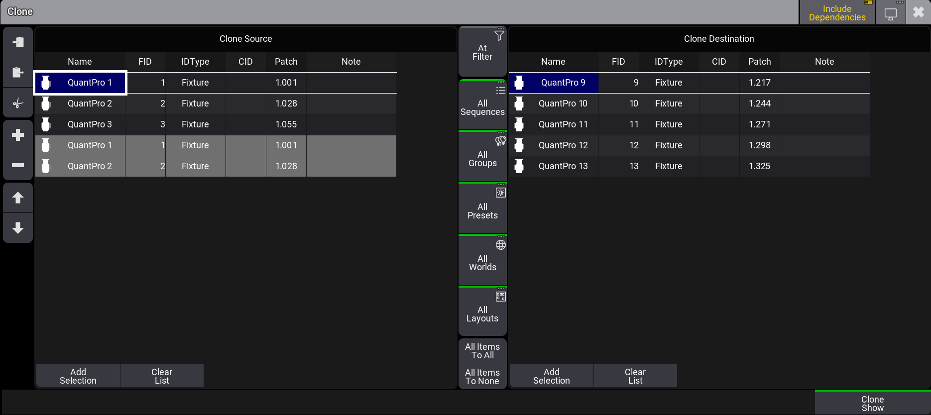 Clone dialog with selected fixtures