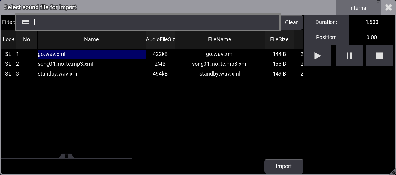 The Select Sound File for Import pop-up where a sound file can be selected.