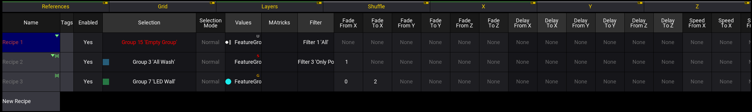 The image shows en example of the recipe editor with two recipe lines.