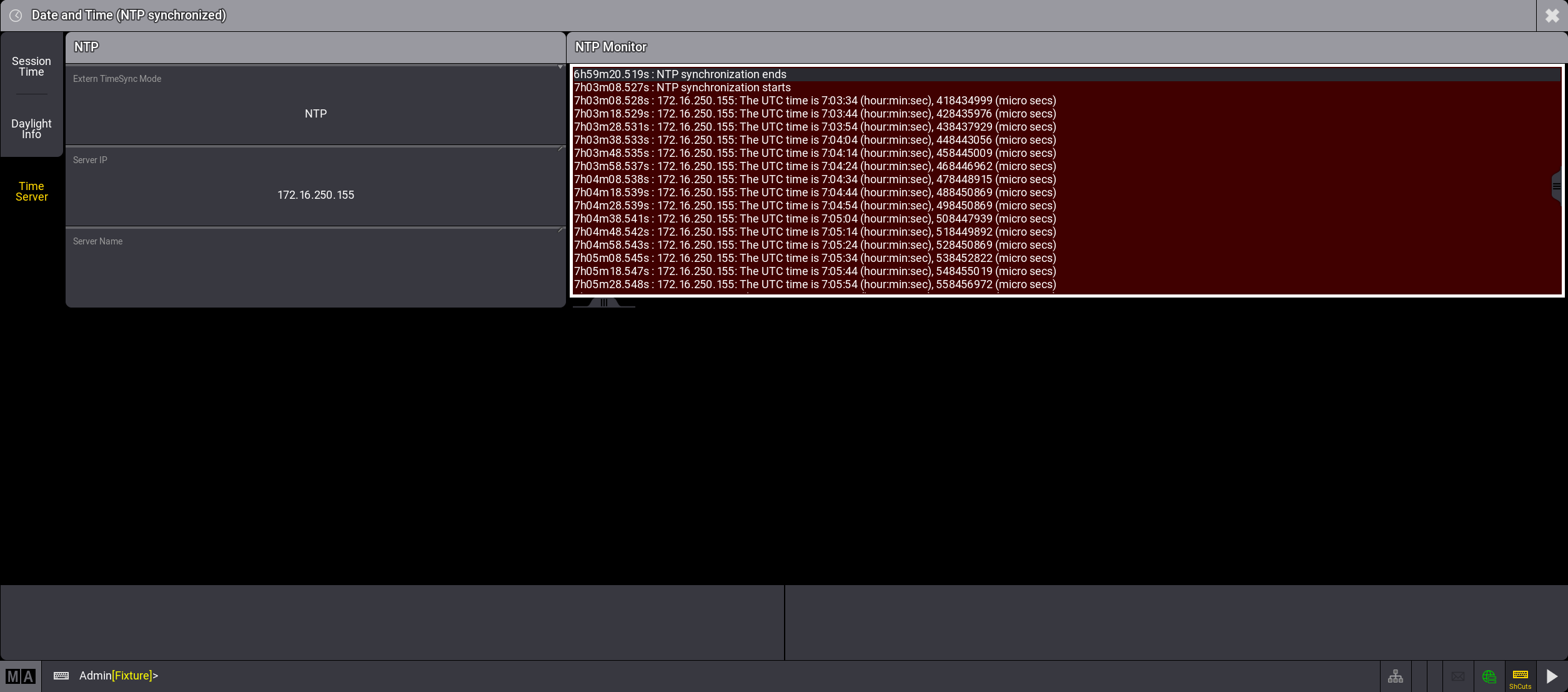 Date and Time window with Time Server settings and NTP Monitor