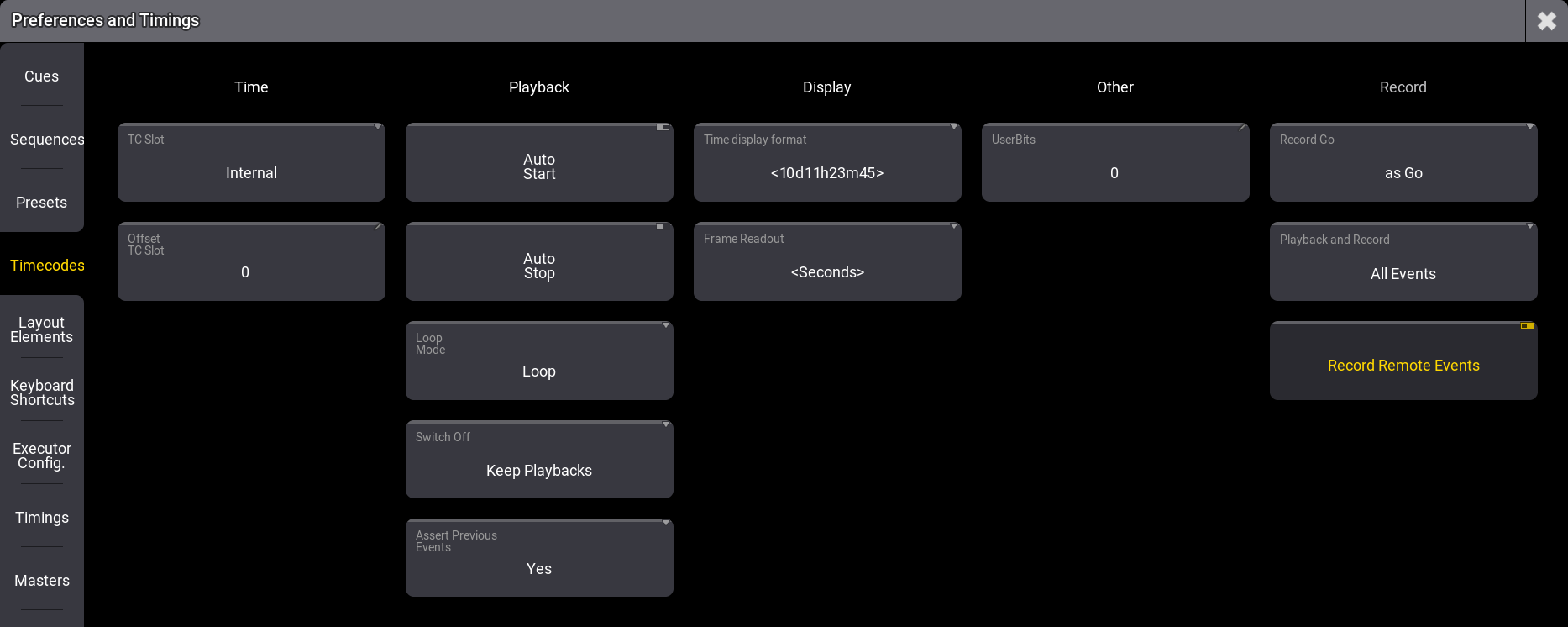 The Timecodes settings in Timing and Preferences menu.