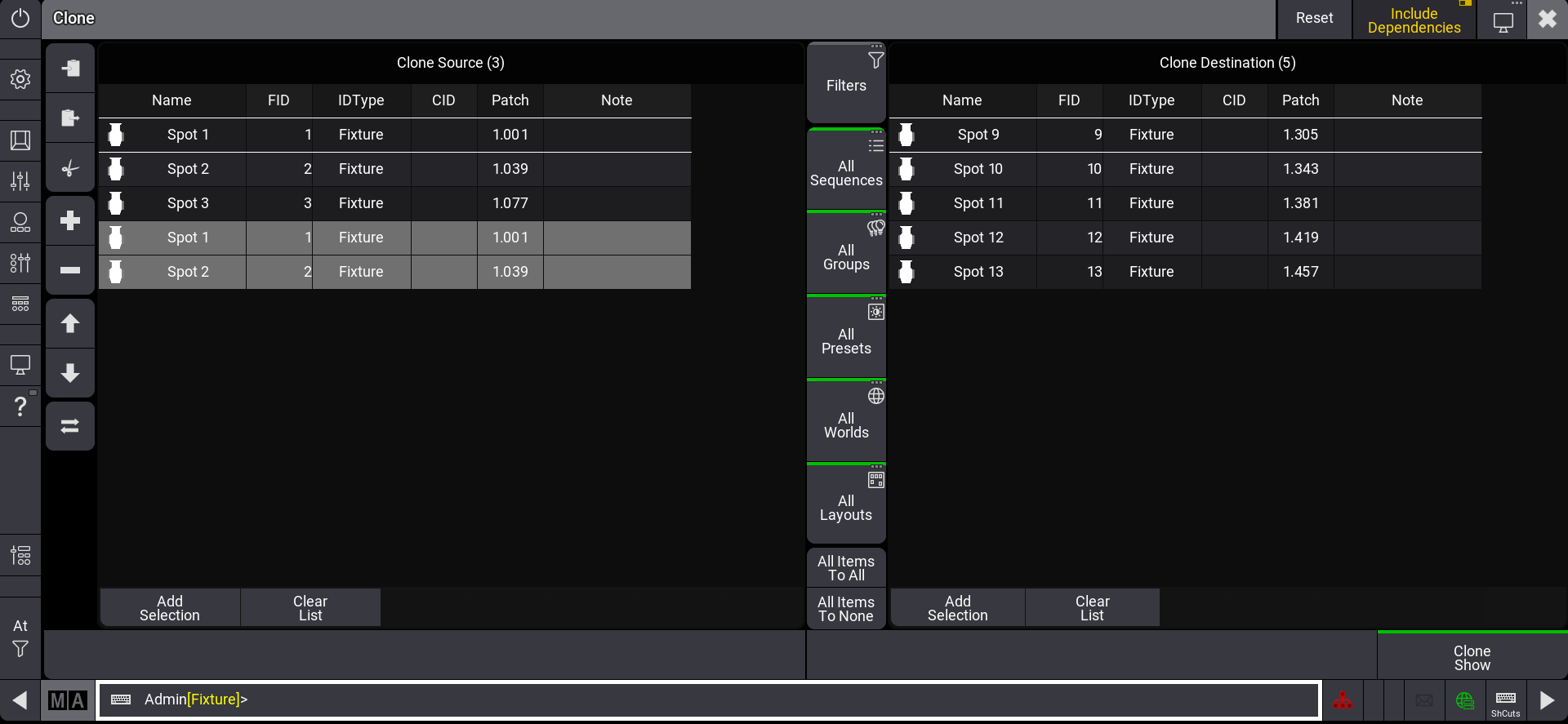 Clone dialog with selected fixtures