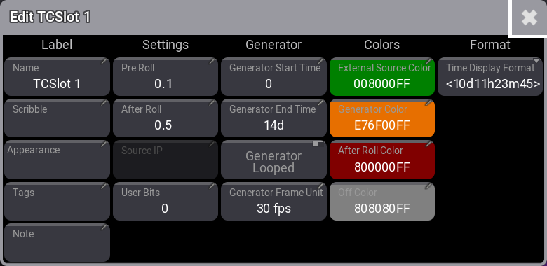 Timecode Slot Editor pop-up.