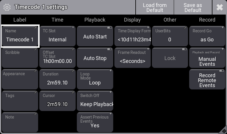 Edit Settings pop-up for Timecode shows.