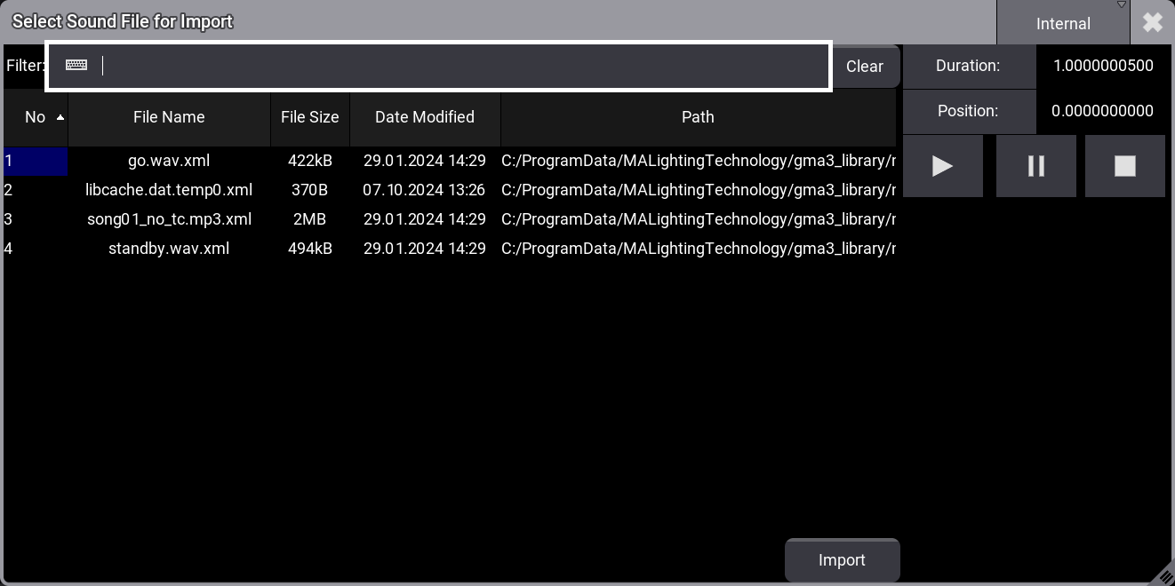 The Select Sound File for Import pop-up where a sound file can be selected.