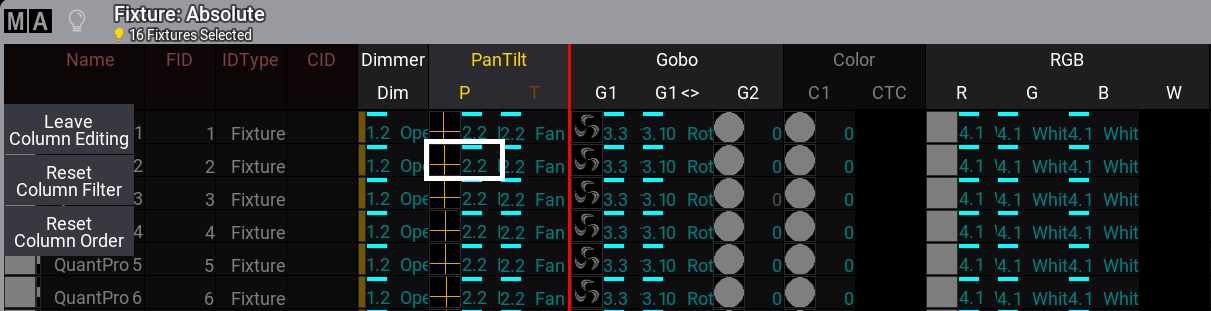 Fixture sheet with enabled column editing mode and a red vertical line.