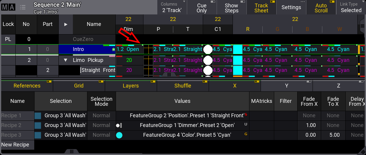 This example shows the green Recipe marker highlighted by a red arrow.