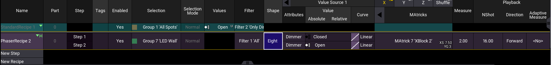 The image shows en example of the recipe editor with two recipe lines.