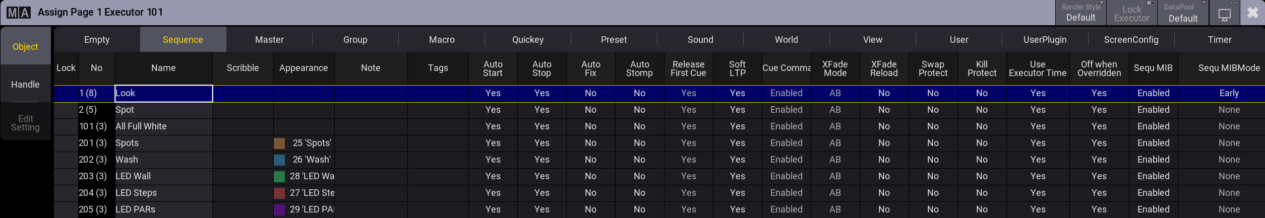 Assign menu in the sequence object tab