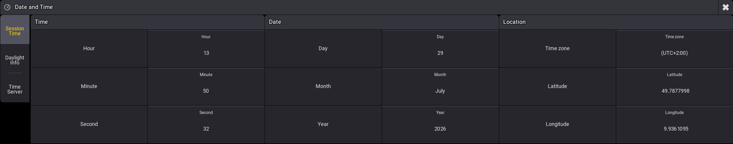 Date and Time window with Session Time settings
