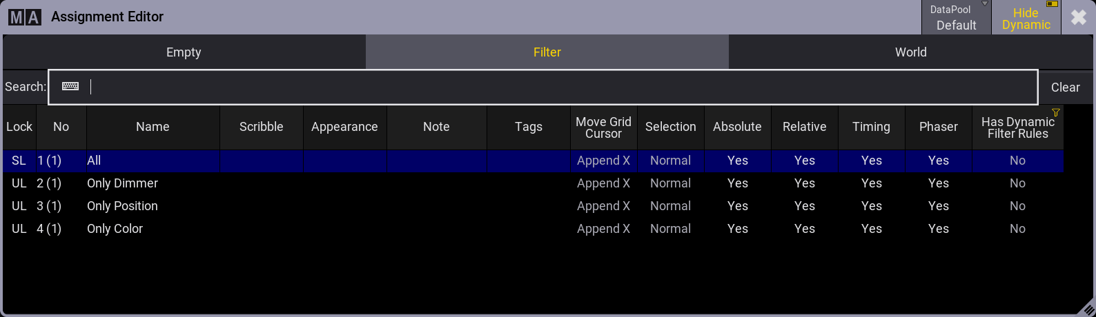 The assignment editor is used to select a filter for a sequence.