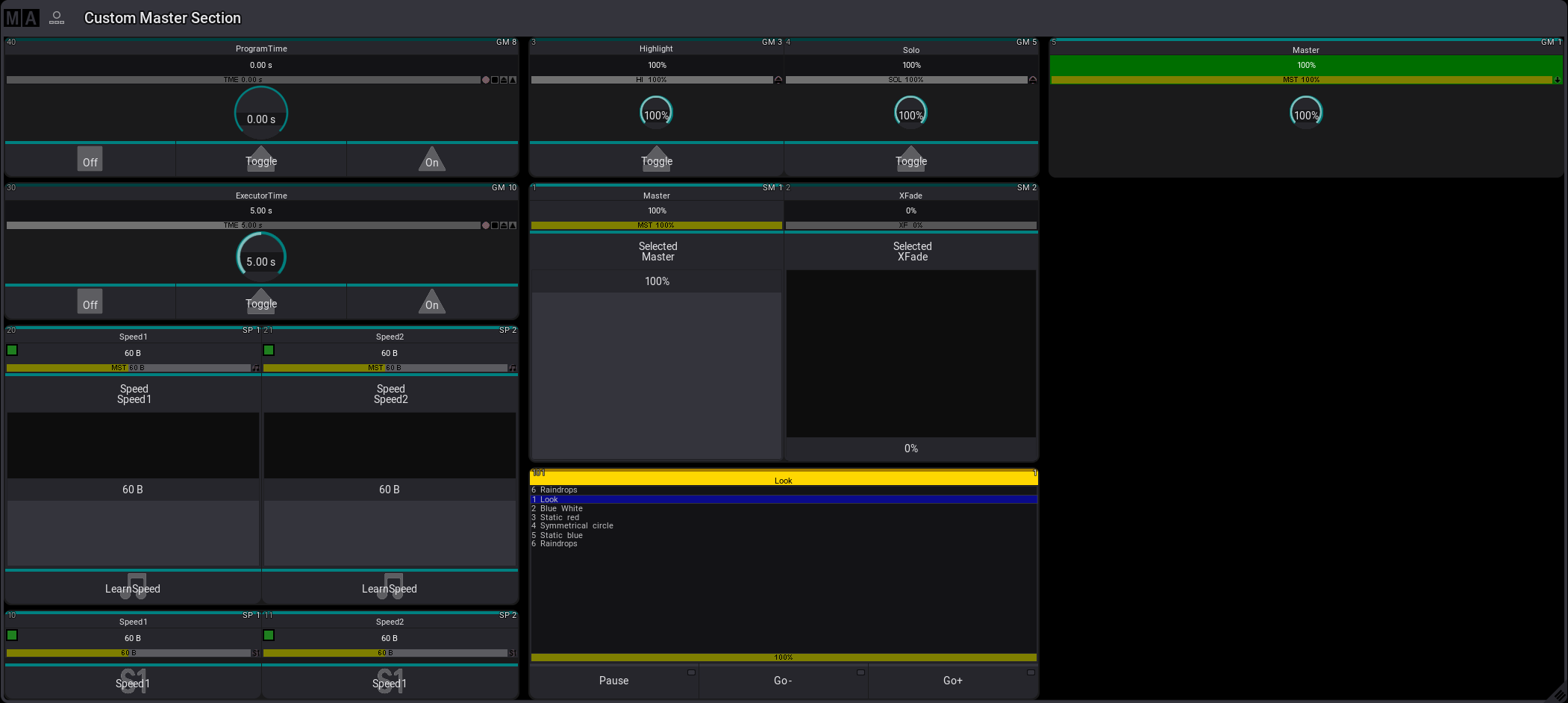 The Custom Master Section Window with all areas visible.